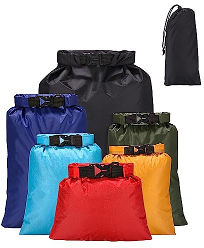 Jissta 6 Stück Outdoor wasserdichte Tasche,Tasche Wasserdicht Trockenbeutel Trockensack Trockentasche,1.5/2.5/3/3.5/5/8L Säcken und Lange Verstellbare Schulterriemen,Zum Kajakfahren, Wandern, Camping
