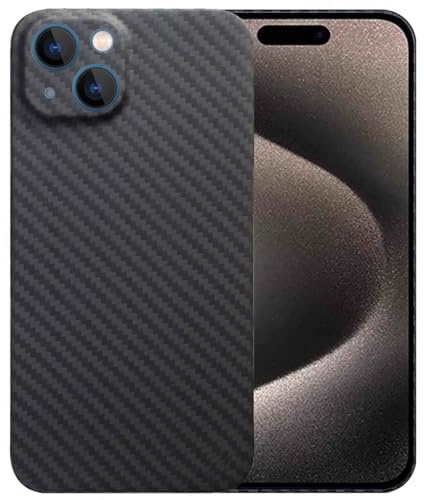 Sisyphy Custodia in Aramide per iPhone 15 con effetto Carbonio (Nero 1500D), Super Sottile Morbida ma Robusta, Retro Snap-on Compatibile con Ricarica Wireless
