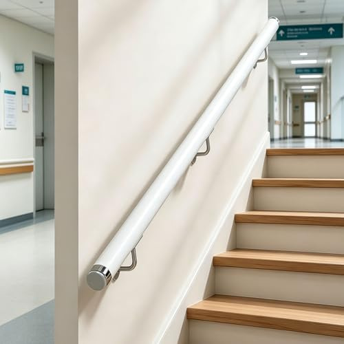 Main courante en bois blanc 120cm Dawselod, Main courante ronde d'escalier, Balustrade d'escalier murale, Barre d'appui de sécurité extérieure antidérapante pour enfants, personnes âgées et handicapés