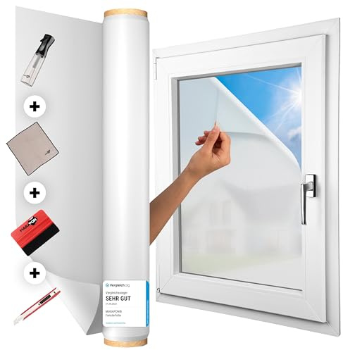 MARAPON® Fensterfolie Blickdicht selbsthaftend [44.5x200 cm] - inkl. Rakel, Cutter, Sprühflasche und 2X Mikrofasertuch - Sichtschutzfolie für Fenster - Milchglasfolie All-in-One Lösung | statisch