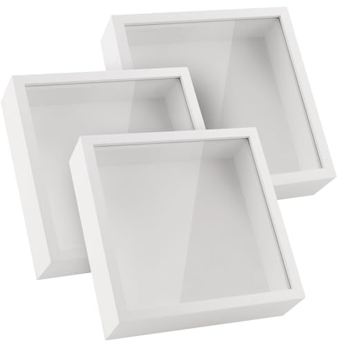 SEUNMUK 3 Pack 8 × 8 Inch White 3D Shadow Box, Wooden Deep Box Frame, Square Deep Display Picture Frame for Crafts, Anniversary, Wedding, Graduation