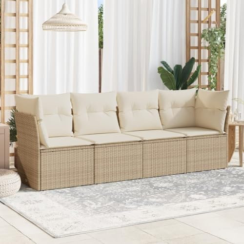 ULUYYUC 4-TLG. Garten-Sofagarnitur, Hocker Eckbankgruppe Küchensofa Fußhocker Geeignet für Garten Hinterhof Balkon Außenbereich mit Kissen Beige Poly Rattan