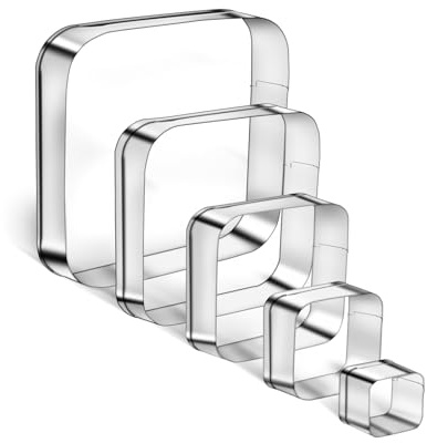 5PCS Rounded Square Cookie Cutter Stainless Steel Square Cookie Mold Biscuit Molds Pastry Molds Fondant Cutter Set (5 Inch 4 Inch 3 Inch 2 Inch 1 Inch)
