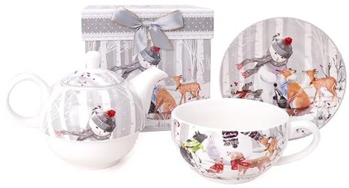 Christmas Concepts® 160mm (6.4) Snowman & Friends Deluxe Ceramic Tableware Range - Tea Set including Teapot, Cup & Saucer With Matching Decorative Gift Box