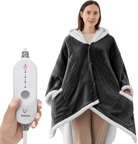 Kozyus Wearable Heated Throw Blanket, Heated Shawl Electric Wrap Poncho with Hood & Pockets for Women & Men, 5 Heat Settings, 3H Auto-Off, Machine Washable, ETL Certified, Gift-Ready, 56x63, Grey