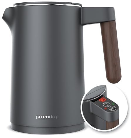 Arendo - Wasserkocher Edelstahl mit Temperatureinstellung - 45°C-100°C - 1.5 Liter - Doppelwand - BPA frei - Warmhaltefunktion - Teekocher mit Temperaturanzeige - Griff Cool Touch - Cool Grey