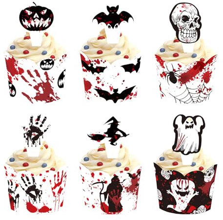 Halloween Cupcake Toppers Wrappers Halloween Cupcake Dekor 24 Stück Muffins Kuchen Deko Kürbis Ghost Fledermäuse Horror cupcake Topper Dekor für halloween Mottopartys Kuchen Muffins Desserts