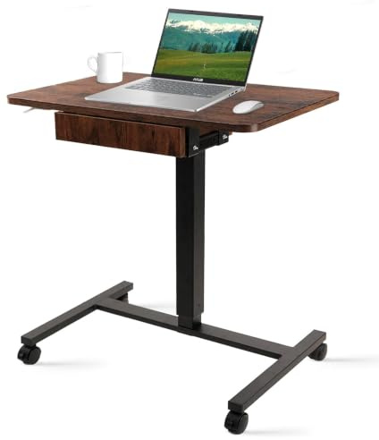 CLATINA Mobile Laptop Standing Desk, Height Adjustable Teacher Podium with Lockable Wheels, Adjustable Work Table with Drawer, Computer Cart Overbed Table for Home Office Classroom, Brown