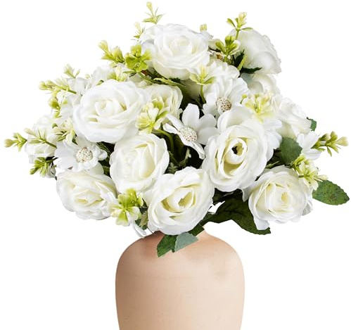 Foshird 4 Bündel Künstliche Blumen Rosen Weiß Deko Kunstblumen Wie Echt Seidenblumen Blumenstrauß Künstlich Fake Flowers Fake Blumen für Garten Geschenk Hochzeit Tischdeko Draußen Balkon