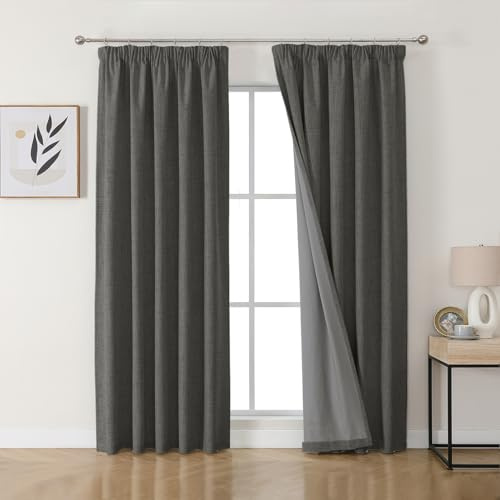 Joydeco Cortinas 100 % opacas estilo lino, plisadas, color gris, 46 x 90 pulgadas, 2 paneles, aislamiento térmico para dormitorio y sala de estar
