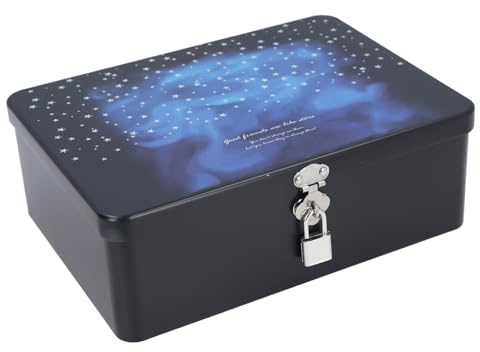 Yctze Joyero de Hojalata Vintage con Candado, Caja de Almacenamiento de Metal Rectangular Impresa para Collares, Artesanías, Tamaño Grande
