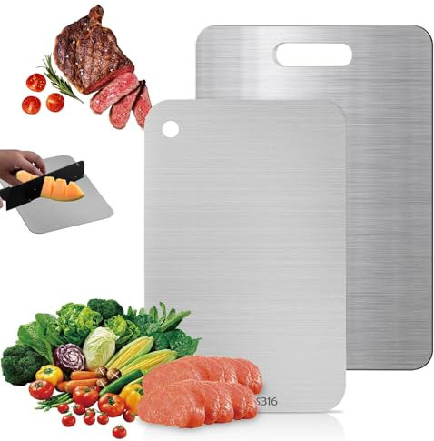 Funnity 2 Stücke Titan Schneidebrett, S316 Schneidebrett Edelstahl, Doppelseitiges Lebensmittel Grade Schneidbretter, Schneidebretter zum Schneiden von Fleisch, Brot, Gemüse und Obst