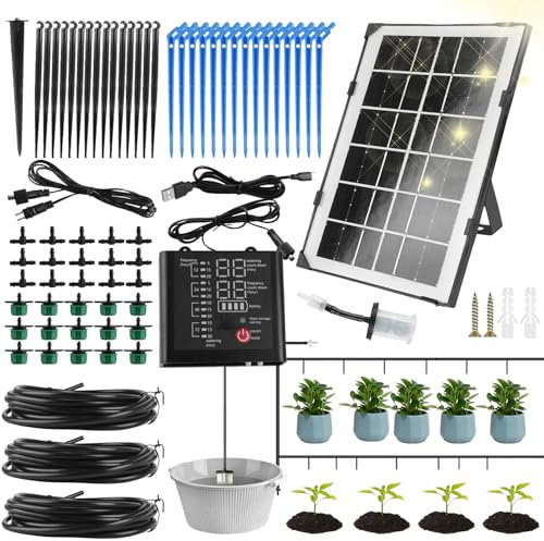 Sistema di irrigazione solare automatico per piante, sistema di irrigazione a goccia con 12 modalità timer, sensore dell'acqua, tubo da 15 m per giardino, balcone, piante in vaso, vacanze