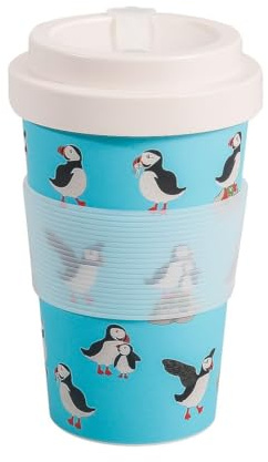 ECO CHIC Recycled Travel Coffee Cup 400ml Microwave Dishwasher Safe Plastic Travel Mug (Multi Puffin Blue)