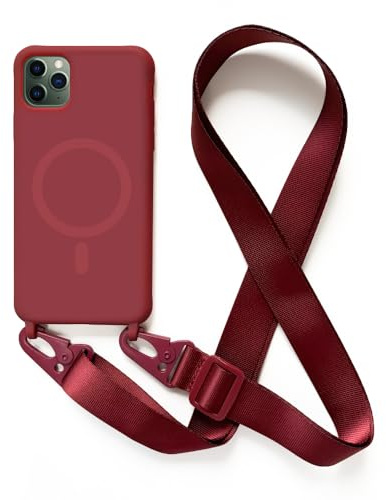 Leather Armor Handykette Hülle für iPhone 11 Pro(5.8) mit Band Halsband Lanyard (abnehmbar) Handyhülle, Verstellbarer Lanyard.Magnetisch Stoßfest Silikonhülle Wireless Charging kompatibel .-Rot