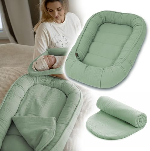 PaLulli® Paracolpi per bambini, 100 x 60 cm, morbido nido in mussola con materasso, nido, bozzolo, lettino da viaggio per neonati, 100% cotone (verde salvia)