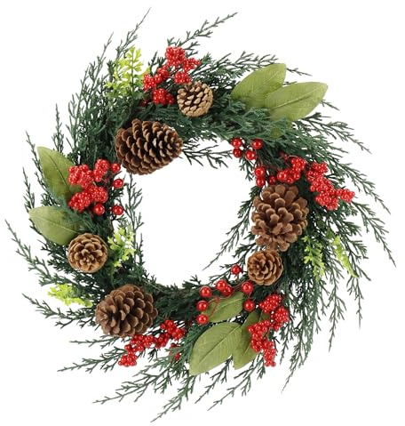 Zavothy Corona de puerta para Navidad 50 cm, corona navideña, corona artificial con conos de pino y bolas navideñas, corona de adviento, decoración navideña, decoración de la puerta principal, verde