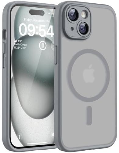 TOCOL Coque pour iPhone 15, Compatible avec MagSafe, Gris | Anneau Magnétique Intégré, Protection de l'objectif Améliorée, Résistant aux Rayures, Case Dos Mat Translucide Fine Antichoc