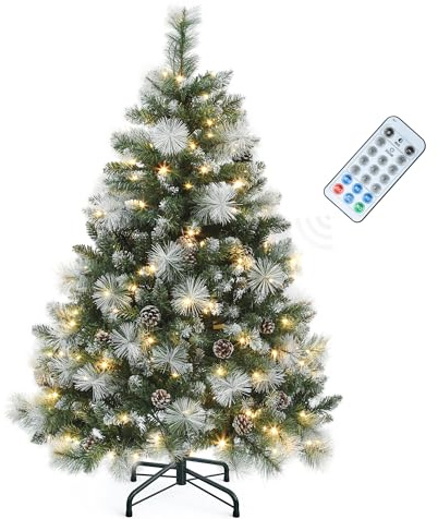 YITAHOME Albero di Natale artificiale Scotch Pine da 140 cm, con telecomando, albero pre-illuminato con coni, aghi e illuminazione a LED bianca calda/multicolore per soggiorno e ufficio