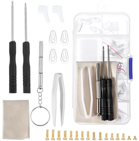 Glasses Repair Kit with Screws and Screwdriver with Nose Pads, Tweezers & Ear Grips, Suitable for Eyeglasses, Sunglasses, Watches, Clocks