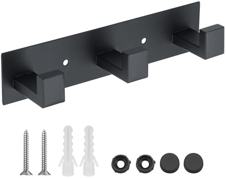 Mooche Heavy Duty Hook Black Clothes Rack, Self Adhesive & Screw Coat Hook, 20CM Coat Hooks Wall Mounted, SUS304 Stainless Steel Coat Rack for Coats, Bags, Key, Hallway, Bedroom, Living Room（3 Hooks）