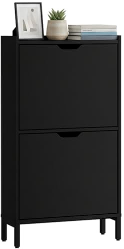 Bellamio Ceyhan Schuhschrank 2 Klappen, Schwarz, schmal, platzsparend, Holz | Schuhkipper 50x19x90 cm, 2 geschlossene Fächer, Schuhregal, Flurschrank, Schuhkommode für Flur & Garderobe, Schuhaufbewahrung