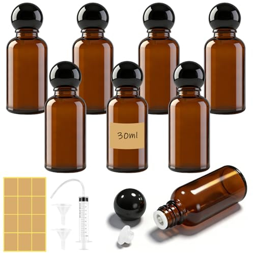 Maxumille 8 Stk 30ml Tropfflasche Glas, Leere Braunglasflasche mit Spritze | Braune Apothekerflasche mit Trichter Spritze Etikett, Nachfüllbare Bernsteinglasflasche für Ätherische Öle, Parfüm Körperöl