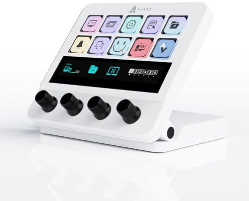 AJAZZ AKP05E Wired Macro Keypad Stream Controller Deck, Gaming Shortcut Keyboard with 10 Programmable Keys and 4 Knobs, Customizable Touchscreen, for YouTube, Desk Office Setup, Laptop, PC, White