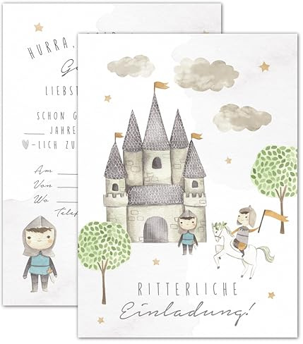 double critical Lemmami Papeterie 8er Set Einladungskarten Kindergeburtstag Ritter – Aquarell Burg & Ritterturnier – DIN A6 Einladungen für Jungengeburtstag & Ritterparty – Hochwertige Postkarten
