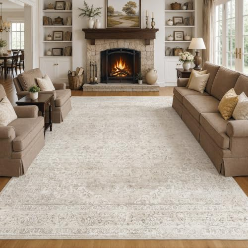 Beauoop Washable Area Rug Living Room 200x300cm Beige Vintage Neutral Large Distressed Non Slip Bedroom Carpet Soft Low Pile Indoor Mat Retro Thin Rug for Dining Room Kitchen Nursery Office