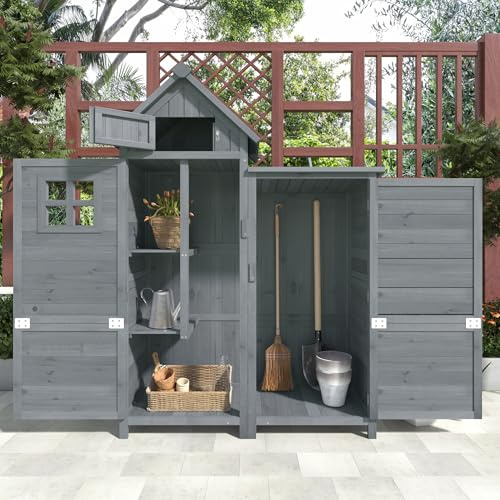 Su & Chan Legence Gartenhaus aus Holz, Gartenschrank mit Doppeltür und großem Stauraum für Gartenwerkzeuge, wetterfester Geräteschuppen für Garten, Balkon und Terrasse, Grau