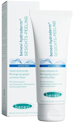 benevi Peeling 75ml für unreine Haut öffnet verstopfte Poren, entfernt Mitesser und abgestorbene Hornschüppchen. Der störende Fettglanz wird vermindert und das Hautbild verfeinert. Ohne Mikroplastik.