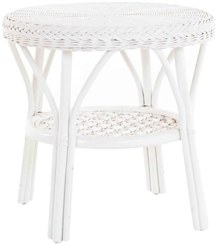 Rattan-Tisch / Beistelltisch Rund / Couchtisch Rattantisch Ablage (Weiss)