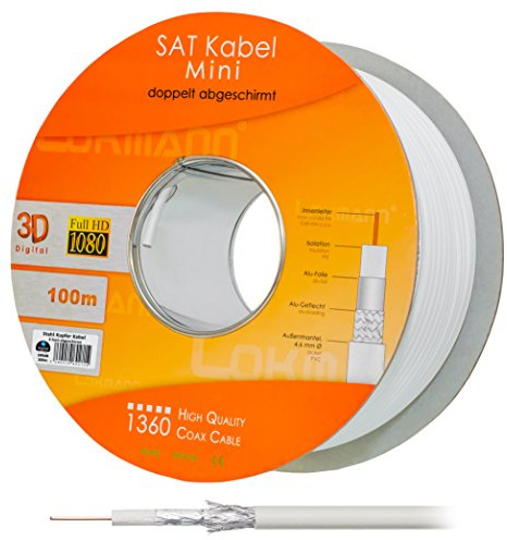 HB Digital 100m Koaxial SAT Kabel CCS Weiß extra dünn 4,6mm Ø Koax Kabel Antennenkabel 100dB 2-Fach geschirmt für DVB-S / S2 DVB-C und DVB-T BK Anlagen Mini