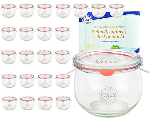 MamboCat 24er Set Weck Gläser 580ml Tulpengläser, 1/2L Sturzgläser mit 24 Glasdeckeln, 24 Einkochringen und 48 Klammern inkl. Gelierzauber Rezeptheft von Diamantzucker I Einweckgläser mit Deckel