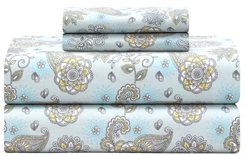 Feather & Stitch Softest 100% Cotton Sheets, 300 Thread Count Percale Weave Bedding, 16 Deep Pocket, Cooling Sheets, Breathable Bed Set, Hotel Premium Quality (King, Aqua Paisley)
