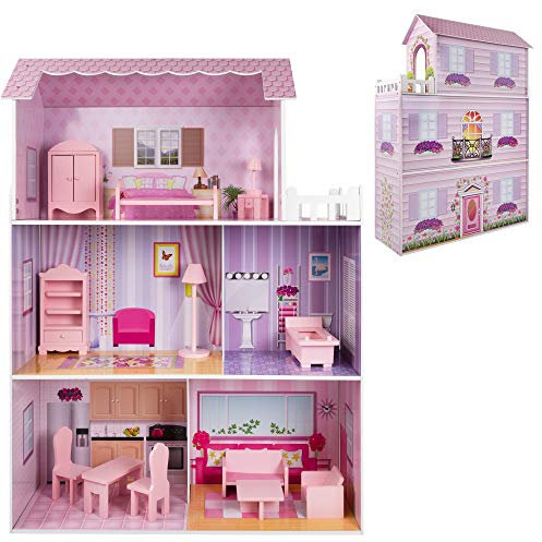 WOOMAX Casita de muñecas de Madera con 3 Plantas y 5 estancias, Juguete para niñas, Tamaño 80x112x31 cm, Color Rosa con Muebles (85293)