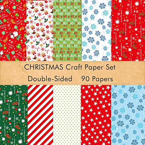 FEPITO 90 feuilles de modèle de papier de Noël ensemble, papier décoratif de 14 x 21 cm pour carte de scrapbooking bricolage décoration, 10 dessins