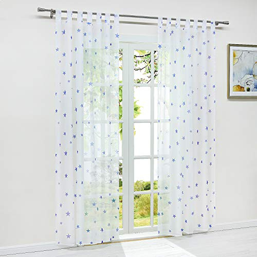 HeichkelL Voile Gardine mit Schlaufen Vorhang transparent mit Sterne Druck 1 Stück Gardinenstores Wohnzimmer Schlaufen Dekoschal BxH 140x225cm Weiß-Blau