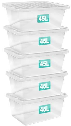 Optimal Products 5 x 45 Litre Clear Plastic Storage Box With Lids UK BRITISH MADE Home Office Stackable Nestable Transparent Plastic Boxes, Size 5,11,24,28,35,45,62 Litre (5 Boxes, 45 Litre)