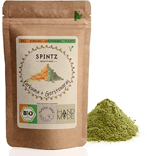 SPINTZ Bio Gerstengras + Kurkumapulver - Kombi Kurkuma & Gerstengraspulver, gemahlen - Nahrungsergänzungsmittel aus biologischem Anbau - 100% natürlich & vegan | plastikfrei verpackt (250 GR)