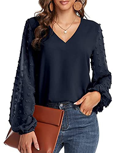 ORANDESIGNE Blusa Donna Elegante Curvy Chiffon Manica Lunga Maglietta Maglia Trasparente Scollo a V Cerimonia Camicia da Ufficio Sexy Tinta Unita Casual Particolari Camicette a Blu L