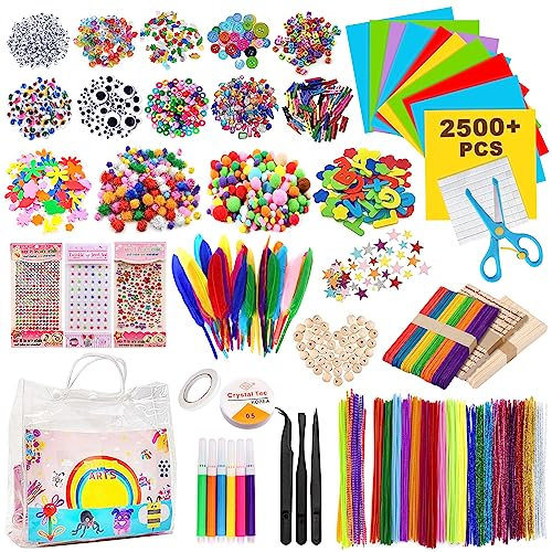 JOTOL Manualidades Niños,2500pcs+Creativo Kit Manualidades,DIY Arts Crafts Materiales Juegos de Manualidades con Limpiadores de Pipa,Pompoms,Papel de Colores,Pegatinas