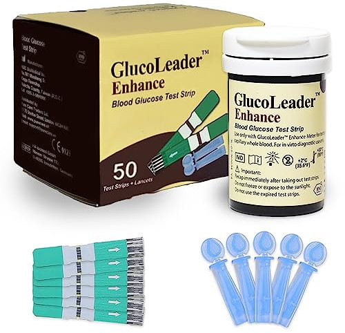 GlucoLeader Enhance Blood Glucose Test Strips Pack of 50 Blood Sugar Test Strips & Lancets. Made in Taiwan. (No Meter Included)