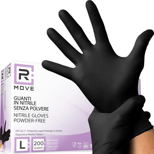 R MOVE 200 gants Nitrile L Noirs sans poussière, sans latex, hypoallergéniques, gants pour esthéticiennes, tatoueurs, domaines médicaux, manipulation des aliments gants jetables (Taille L)