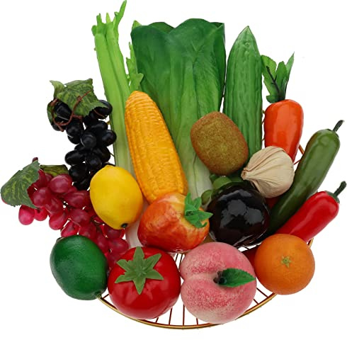 Woration 18pcs Artificial Simulation Fruits Vegetables Decoration Home Fake Grape Peach Strawberry Orange Lemon Kiwi Realistic Corn Celery Peppers Carrots Garlic Tomatoes