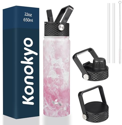 Konokyo Insulated Water Bottle with Straw,22oz 3 Lids Metal Bottles Stainless Steel Water Flask,Marble Blossom