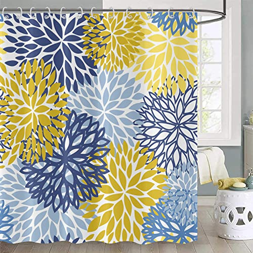 Dahlia Pinnata Flower Shower Curtain 180x200, Hnmdmyi Blue Yellow Floral Shower Curtains Abstract Modern Chic Simple Art Bathroom Curtains Waterproof Polyester Fabric Washable Bath Curtains with Hooks