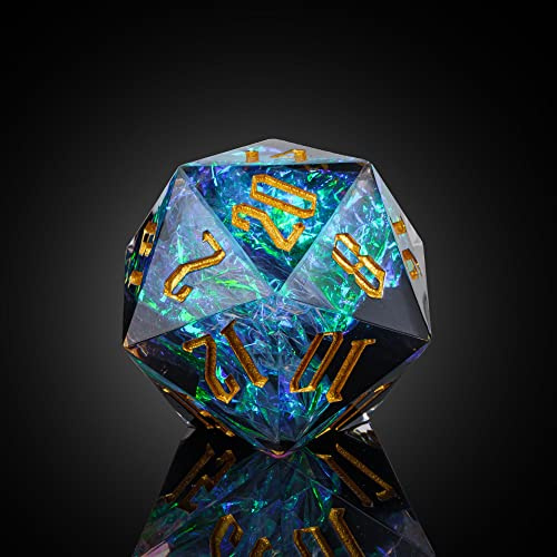 Cusdie Single D20 DND-tärning med vassa kanter och glitterfolieinneslutningar, 20-sidig D&D-tärning, 33 mm handgjord, för rollspel och bansökare (svart/T)