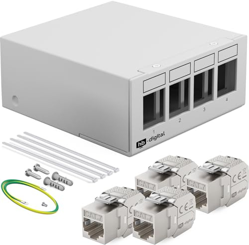 HB-DIGITAL 4-Port Patchpanel Patchfeld Verteilerfeld 1 HE 4X CAT 7 RJ45 Keystone Jack Modul vollgeschirmt STP 10 Gbps Kompatibel mit Verlegekabel Netzwerkkabel Ethernet LAN - Hellgrau